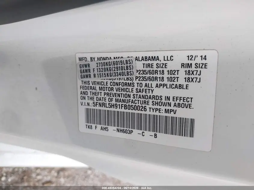 2015 HONDA ODYSSEY TOURING/TOURING ELITE