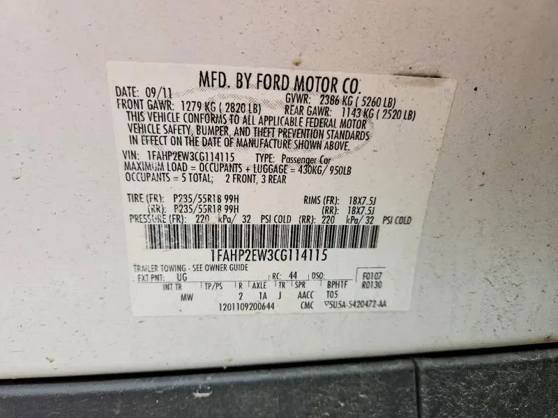 2012 FORD TAURUS SEL  