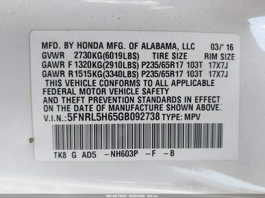 2016 HONDA ODYSSEY EX-L