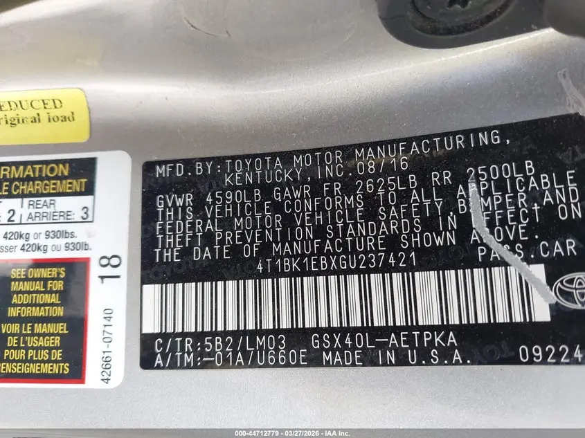 2016 TOYOTA AVALON LIMITED