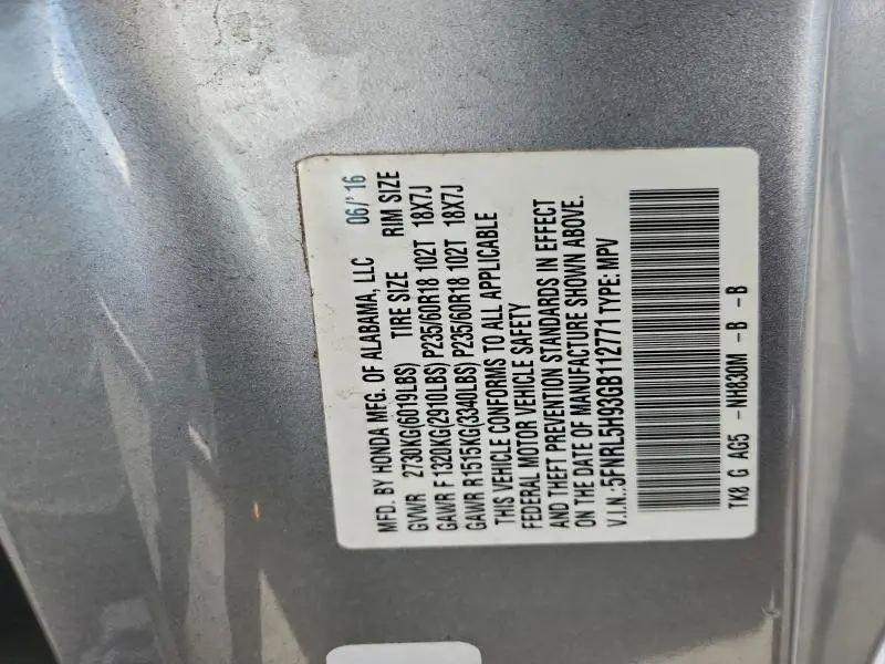 2016 HONDA ODYSSEY TOURING  