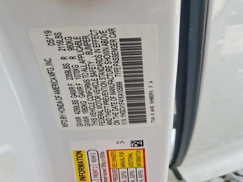 2019 HONDA ACCORD EX  