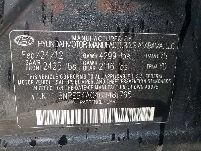 2012 HYUNDAI SONATA GLS  