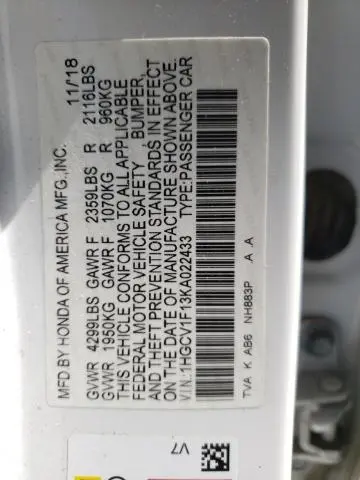2019 HONDA ACCORD LX