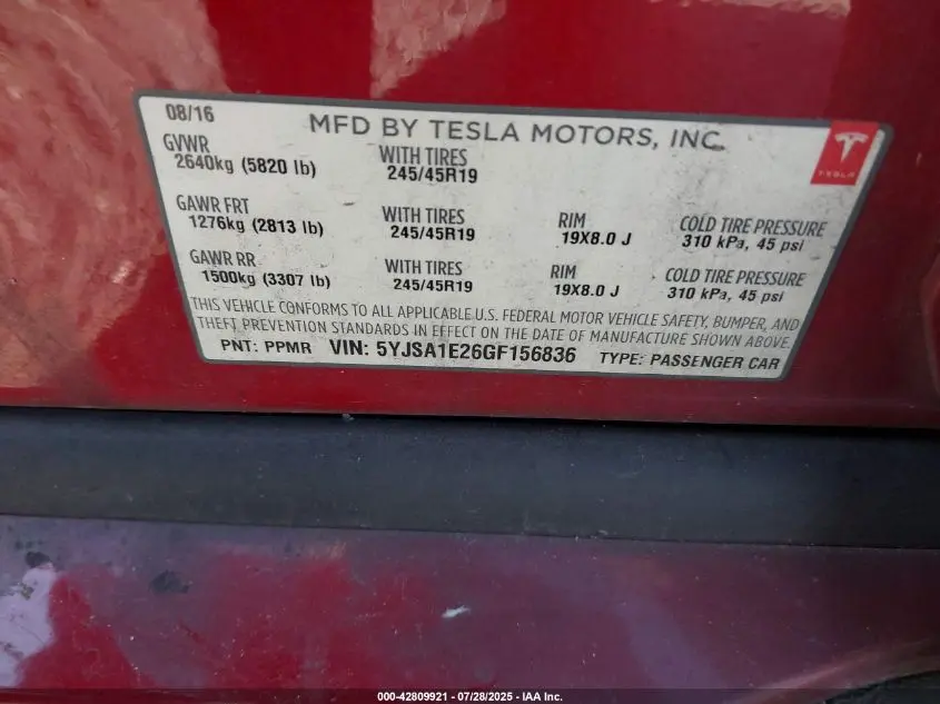 2016 TESLA MODEL S 60D/70D/75D/85D/90D