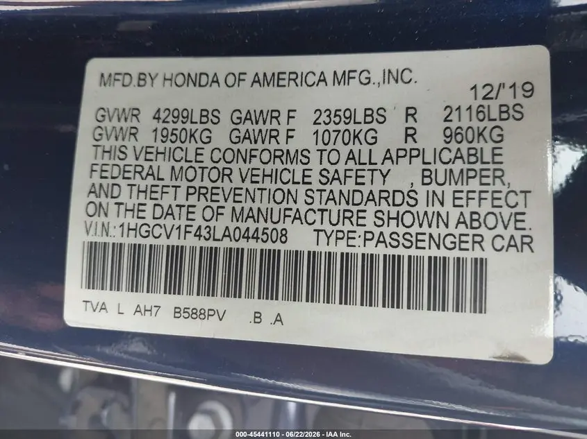2020 HONDA ACCORD EX