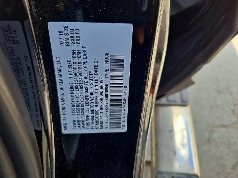 2019 HONDA RIDGELINE RTL  