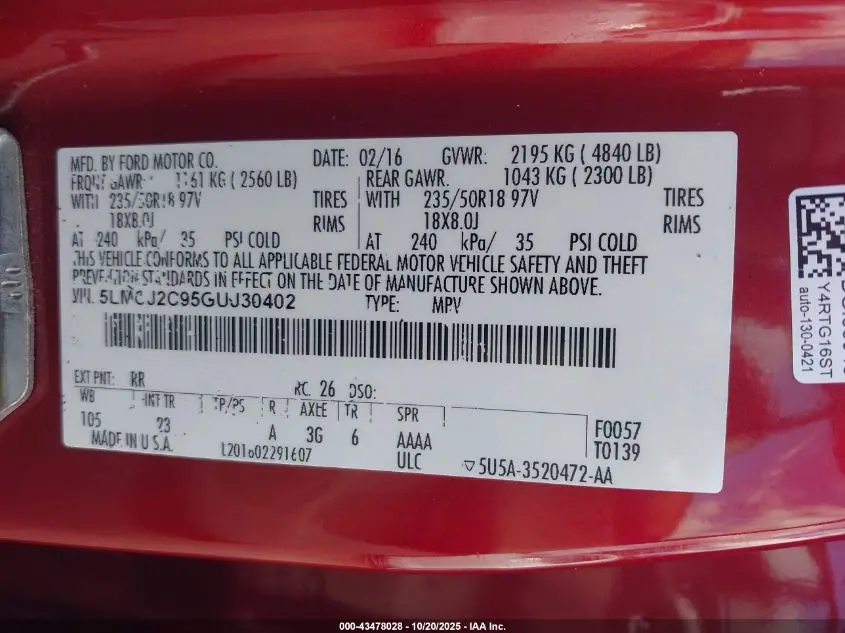 2016 LINCOLN MKC SELECT