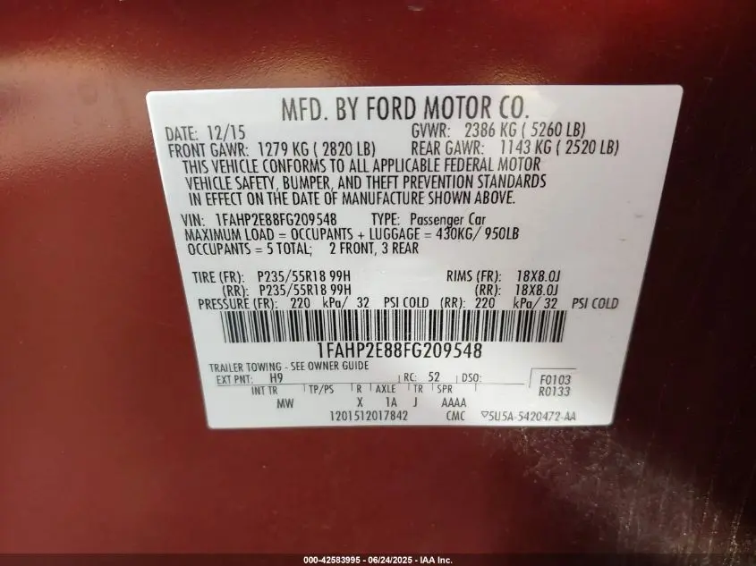 2015 FORD TAURUS SEL