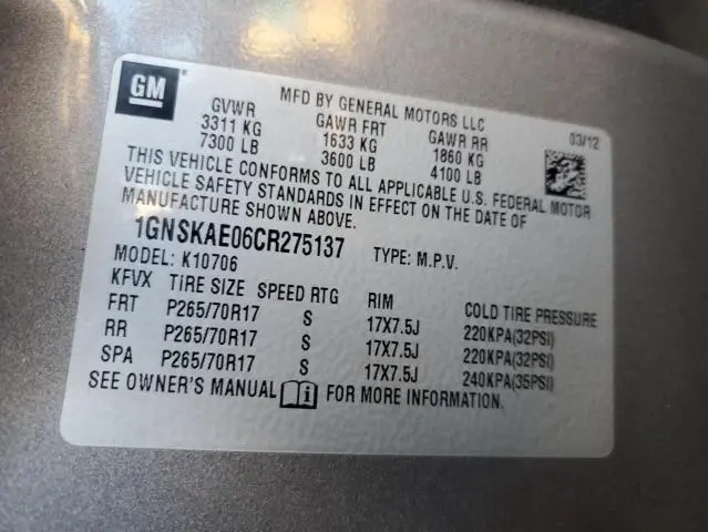 2012 CHEVROLET TAHOE K1500 LS  