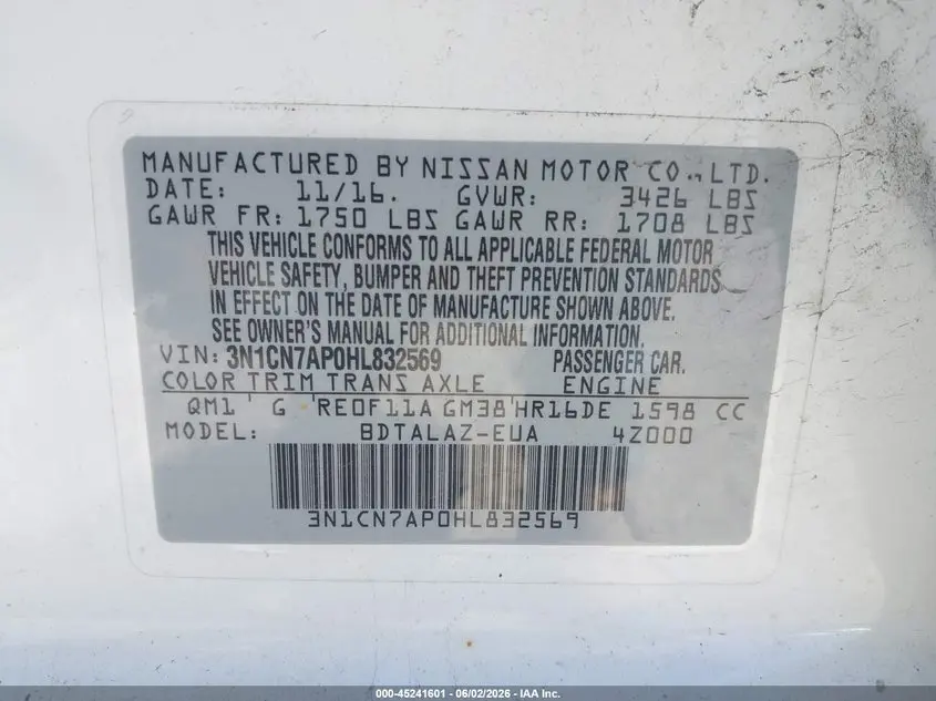 2017 NISSAN VERSA 1.6 S+