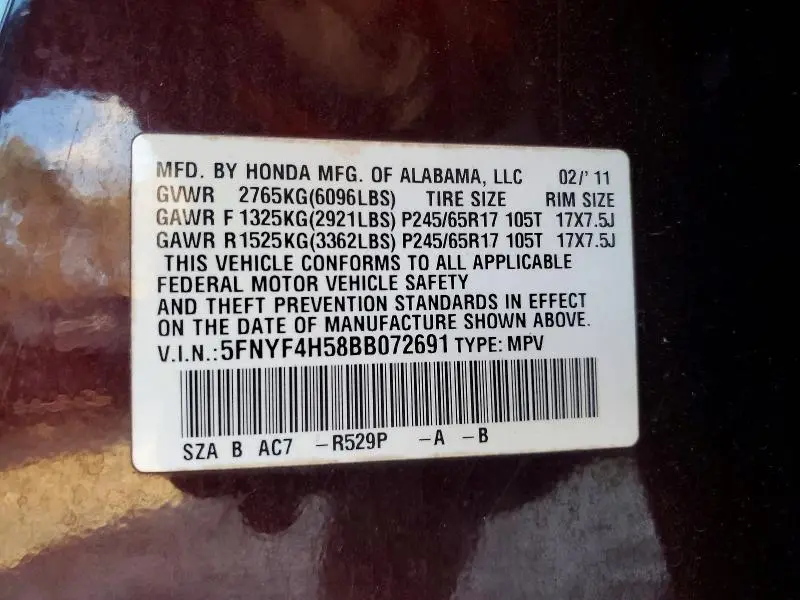 2011 HONDA PILOT EXL  