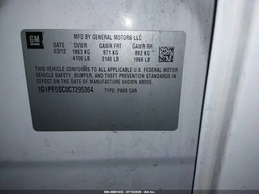 2012 CHEVROLET CRUZE 1LT