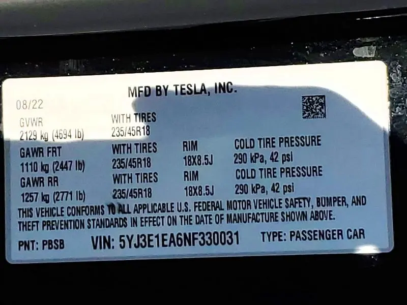 2022 TESLA MODEL 3   