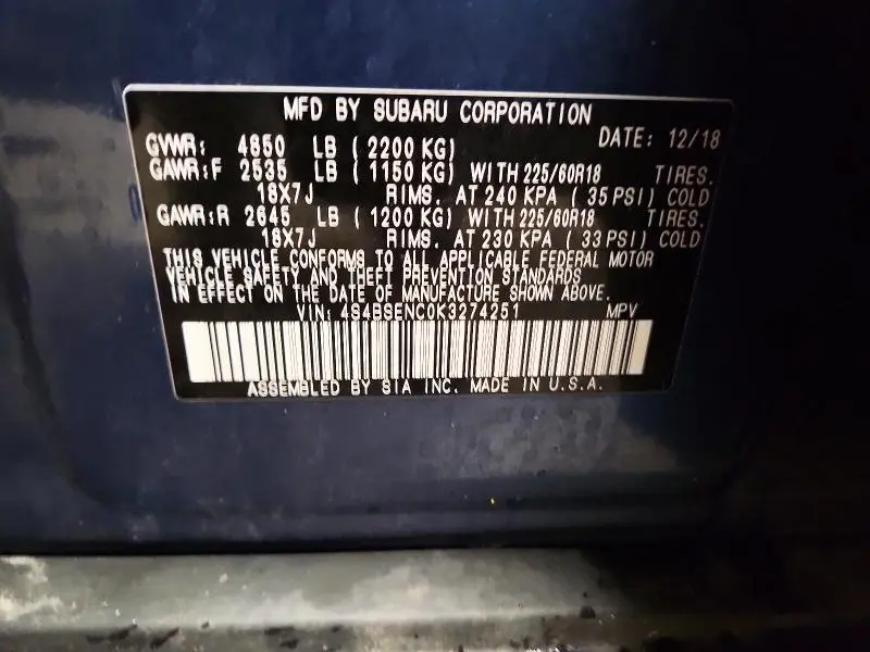 2019 SUBARU OUTBACK 3.6R LIMITED  