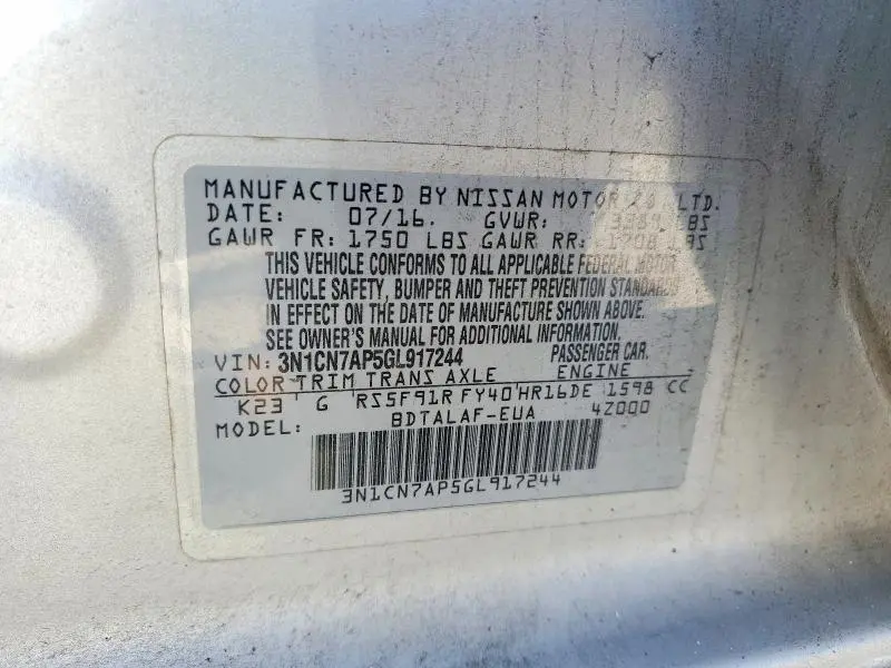 2016 NISSAN VERSA 1.6 S  