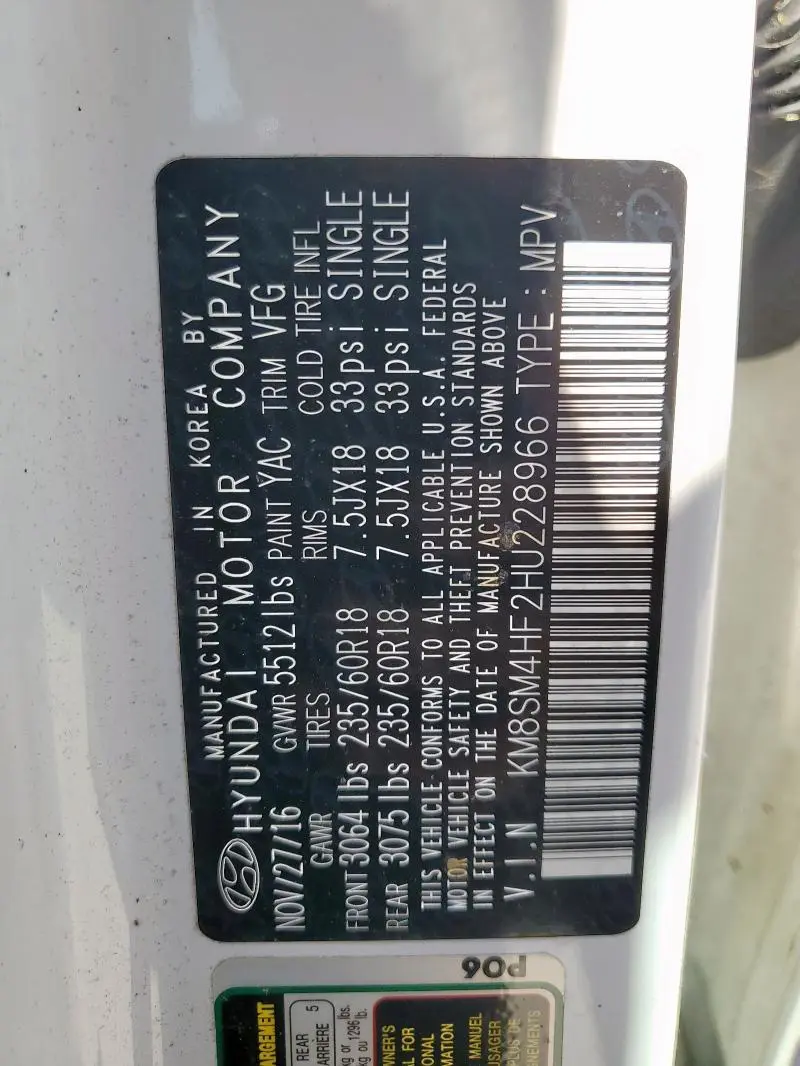 2017 HYUNDAI SANTA FE SE  