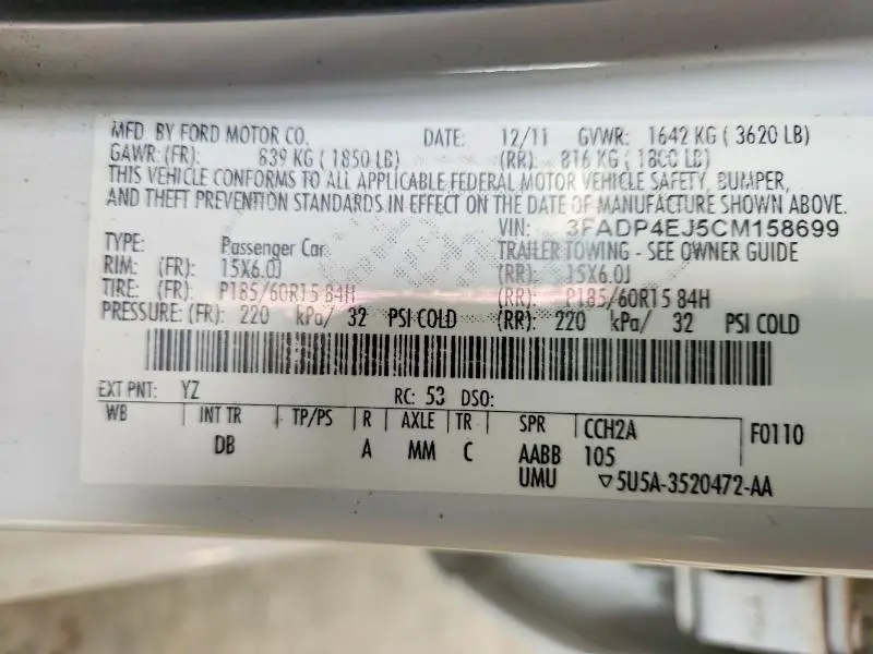 2012 FORD FIESTA SE  