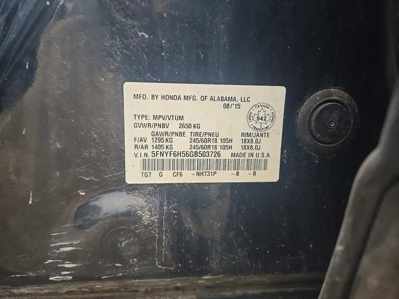 2016 HONDA PILOT EXL  