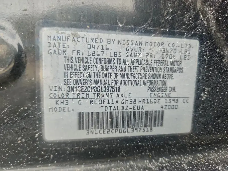 2016 NISSAN VERSA NOTE S  