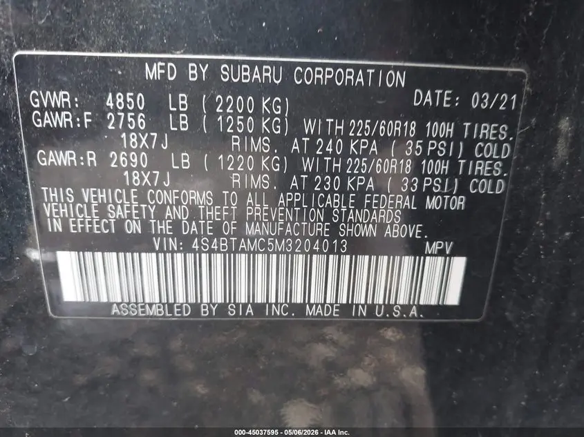 2021 SUBARU OUTBACK LIMITED