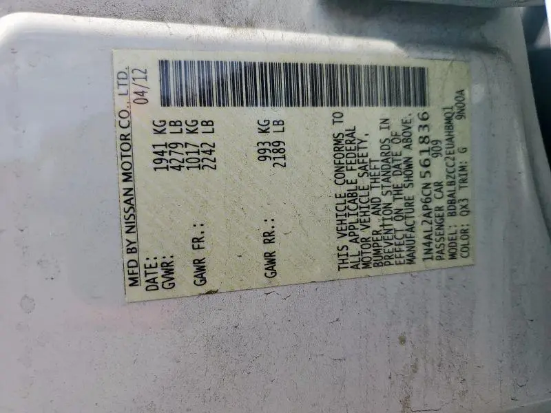 2012 NISSAN ALTIMA BASE  