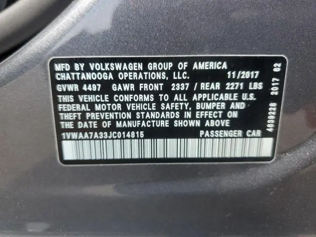 2018 VOLKSWAGEN PASSAT S  