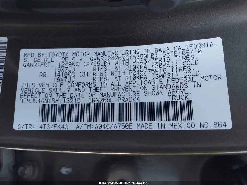 2011 TOYOTA TACOMA PRERUNNER V6