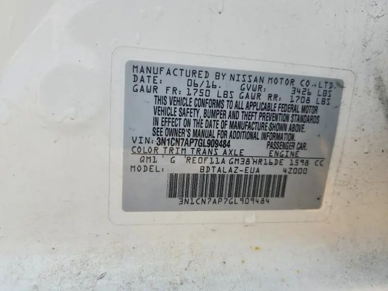 2016 NISSAN VERSA 1.6 S PLUS  