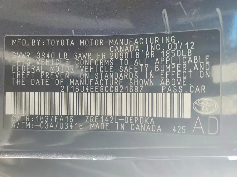 2012 TOYOTA COROLLA   