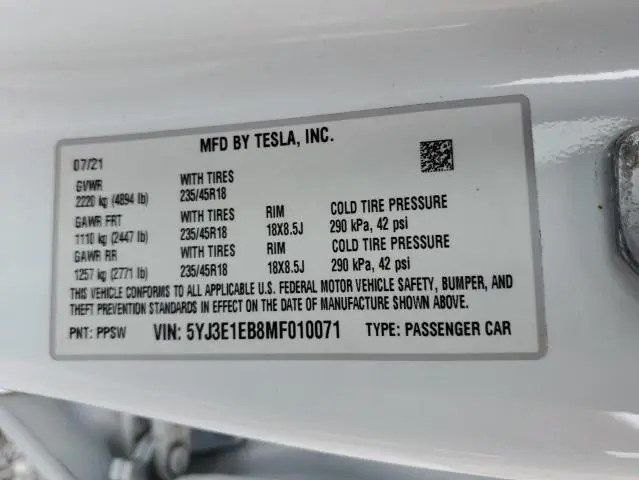 2021 TESLA MODEL 3   