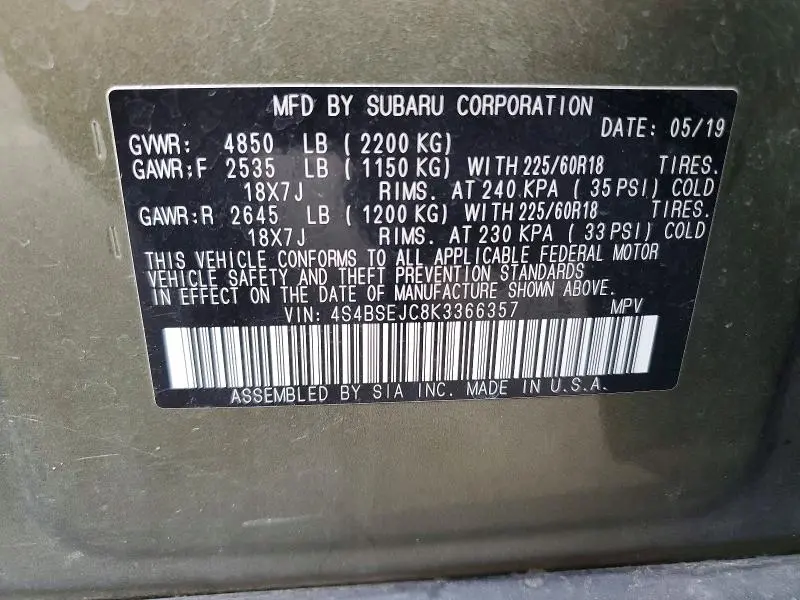 2019 SUBARU OUTBACK 3.6R LIMITED  