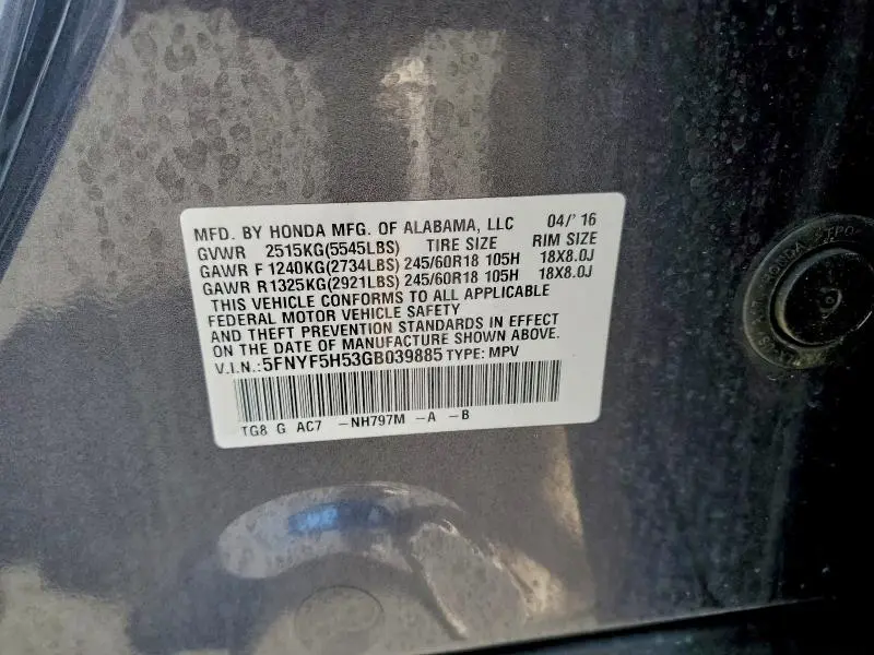 2016 HONDA PILOT EXL  