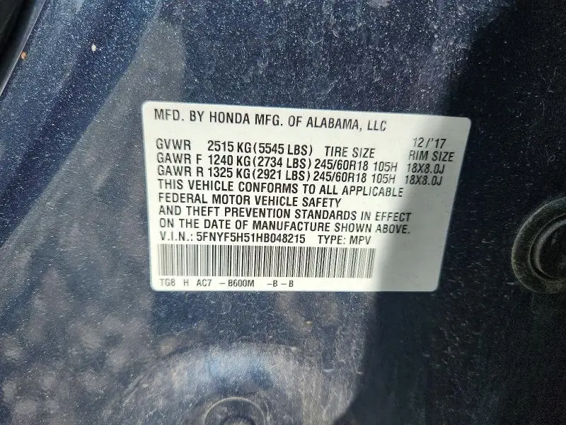 2017 HONDA PILOT EXL  