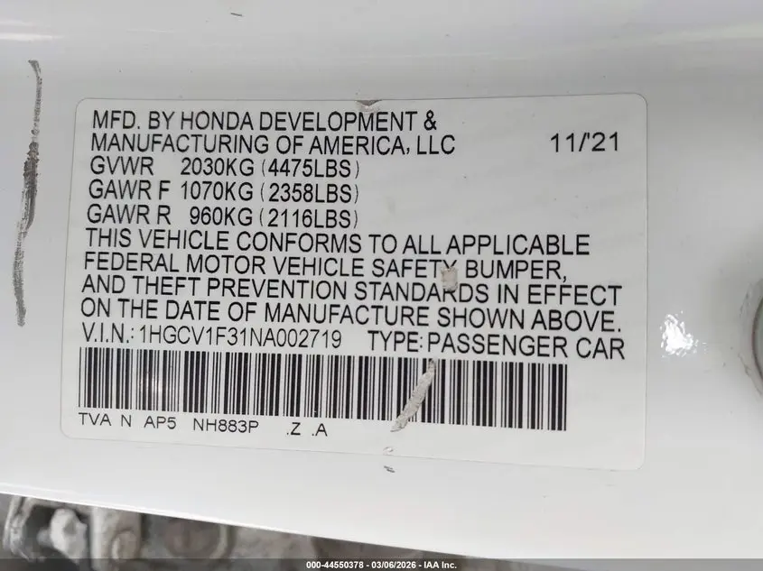 2022 HONDA ACCORD SPORT