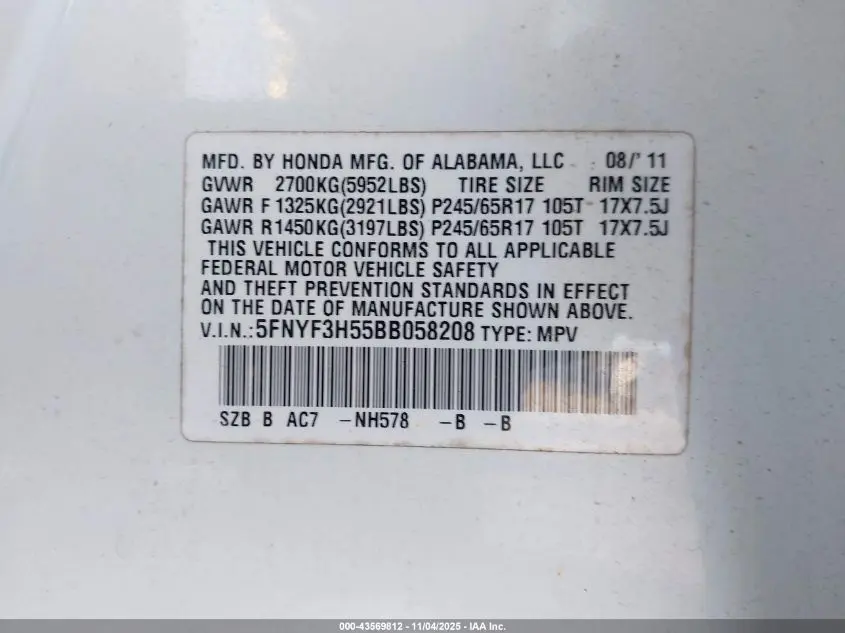 2011 HONDA PILOT EX-L