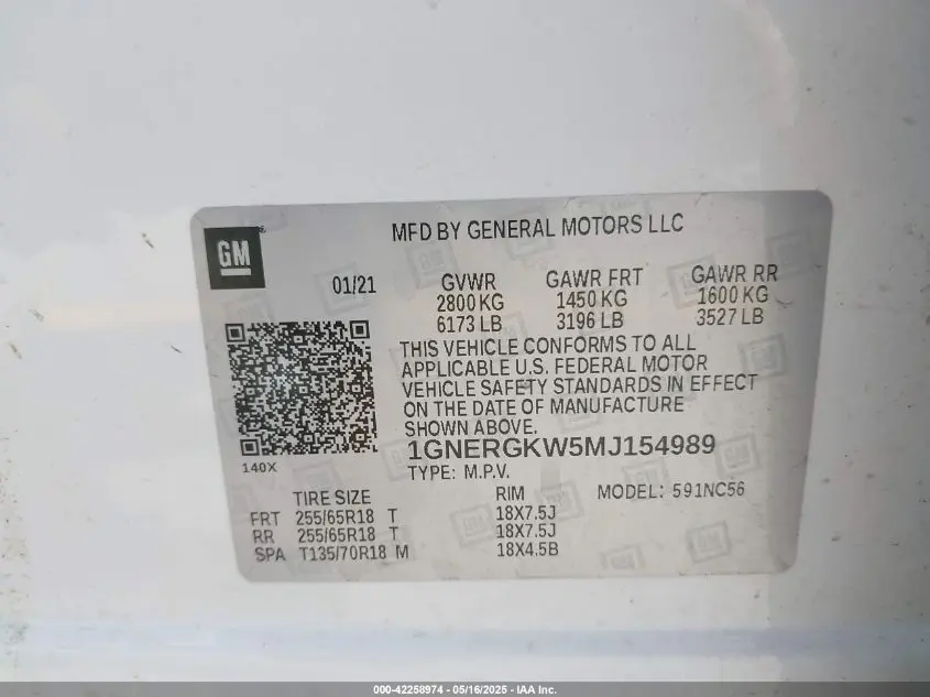 2021 CHEVROLET TRAVERSE FWD LT CLOTH