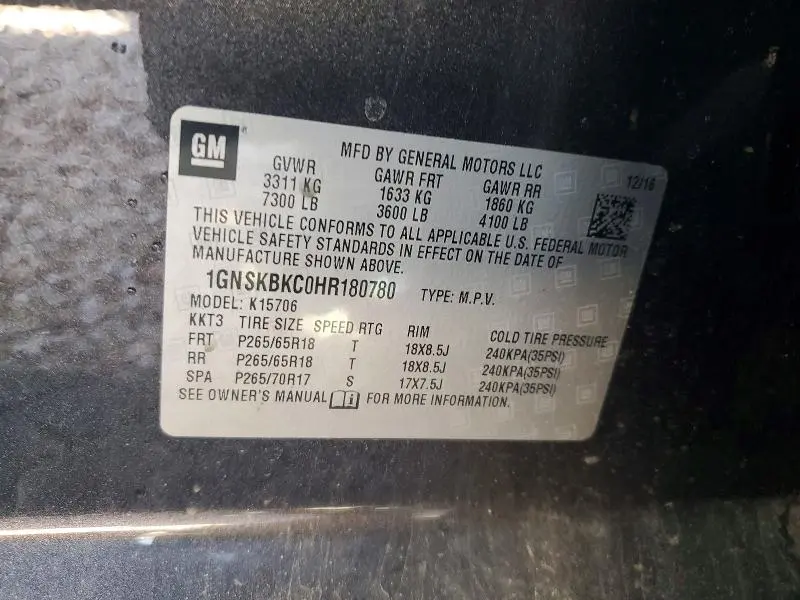 2017 CHEVROLET TAHOE K1500 LT  