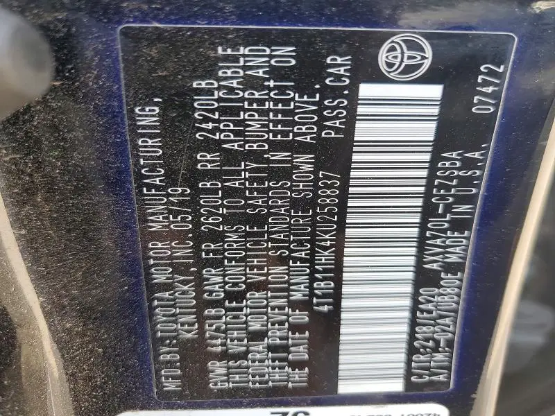 2019 TOYOTA CAMRY SE  