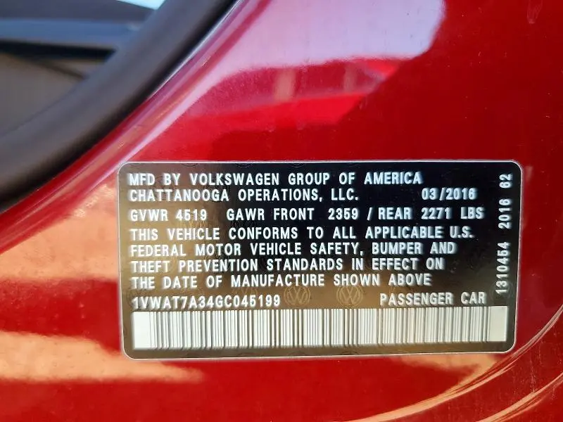 2016 VOLKSWAGEN PASSAT S  