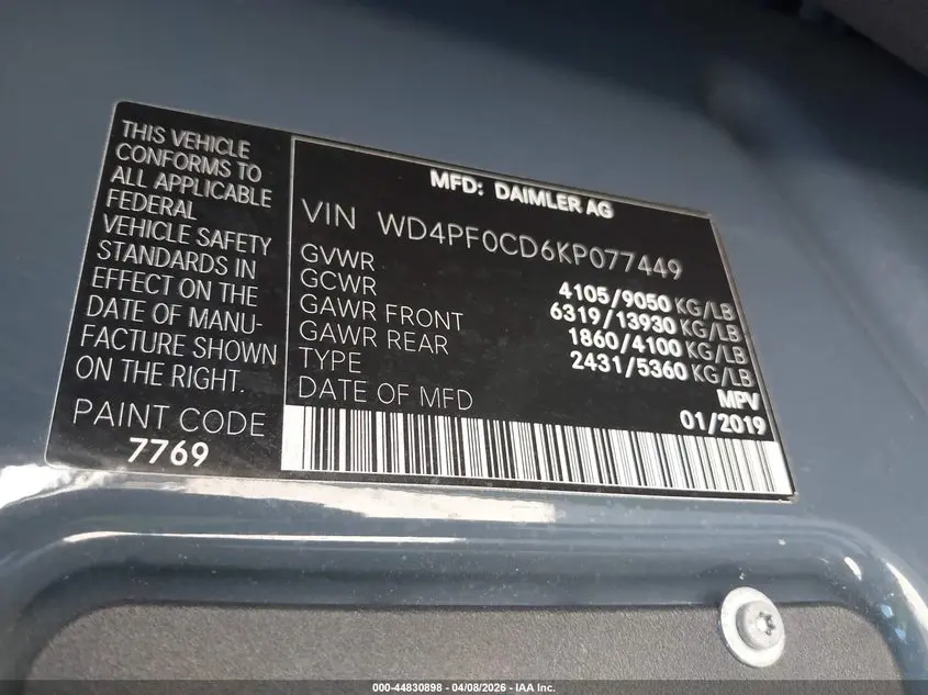 2019 MERCEDES-BENZ SPRINTER 2500 STANDARD ROOF V6