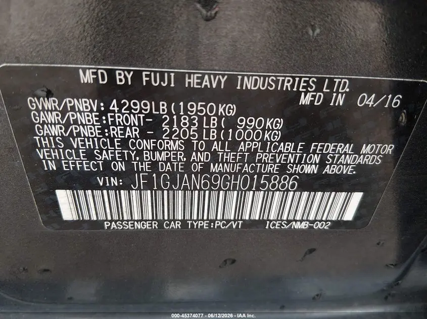 2016 SUBARU IMPREZA 2.0I LIMITED