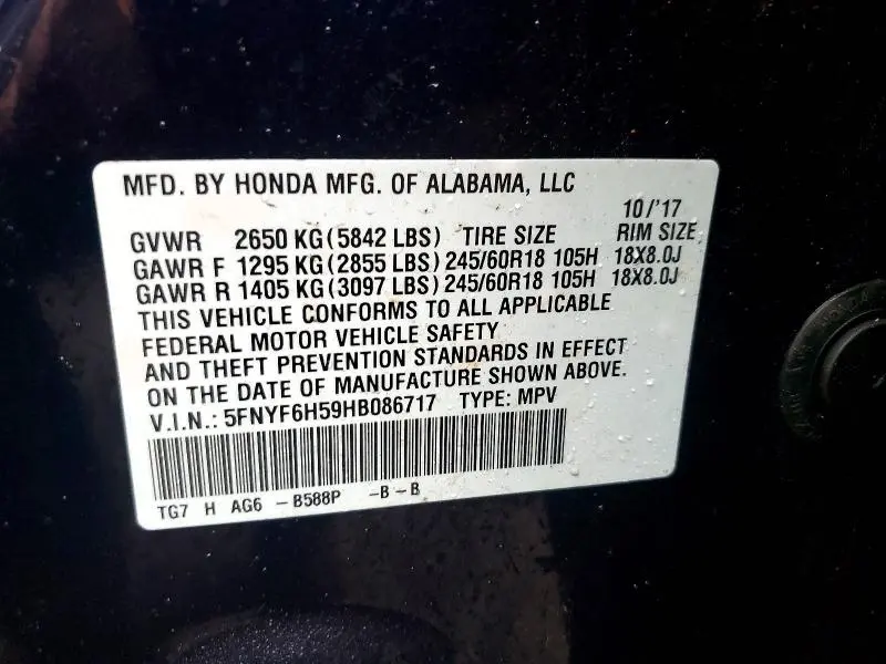 2017 HONDA PILOT EXL  