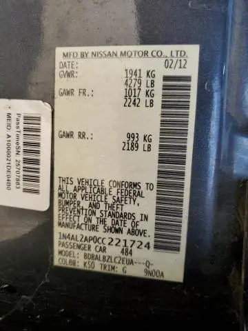 2012 NISSAN ALTIMA BASE  
