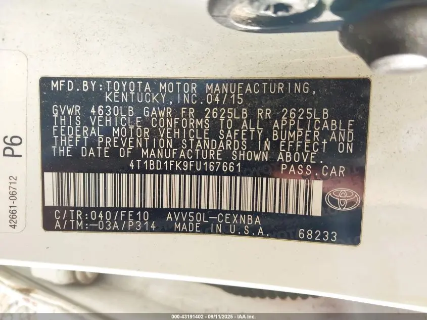 2015 TOYOTA CAMRY HYBRID LE