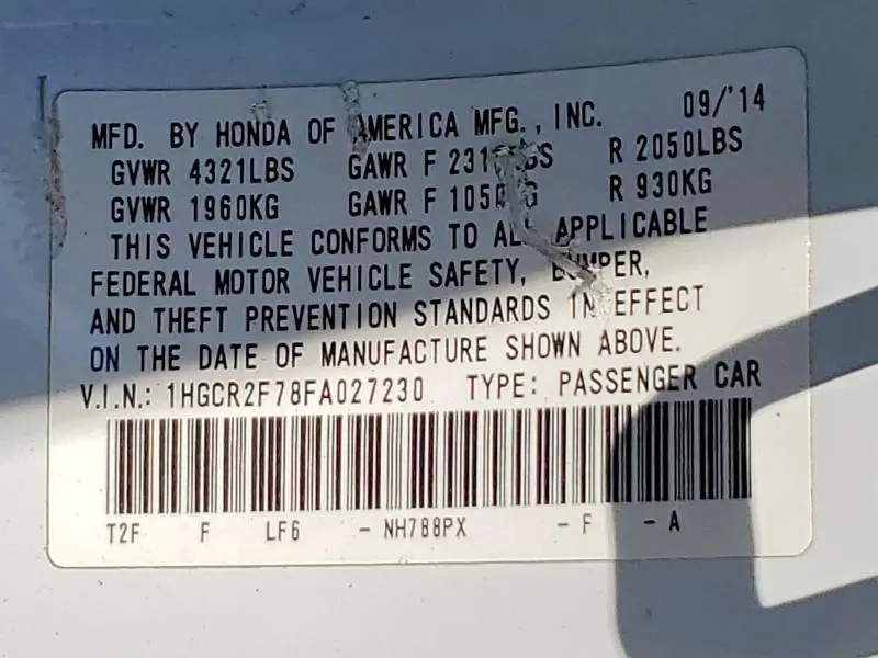 2015 HONDA ACCORD EX  