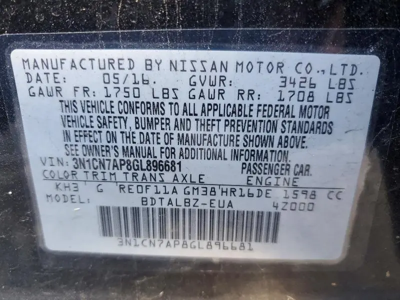 2016 NISSAN VERSA 1.6 SV  