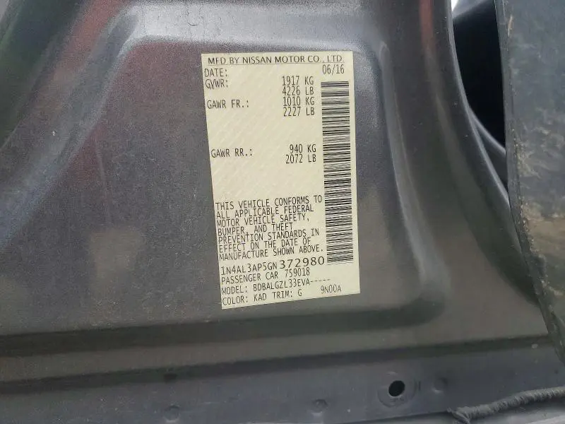 2016 NISSAN ALTIMA 2.5 S  