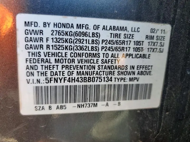 2011 HONDA PILOT EX  