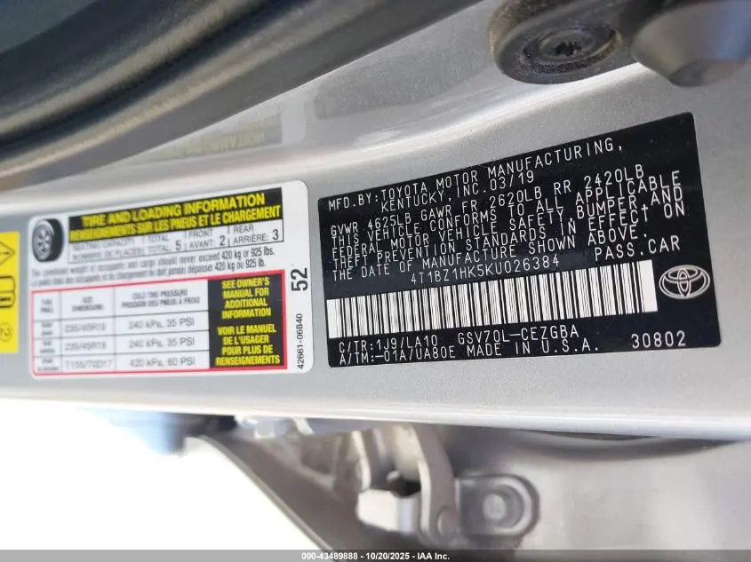 2019 TOYOTA CAMRY XLE V6